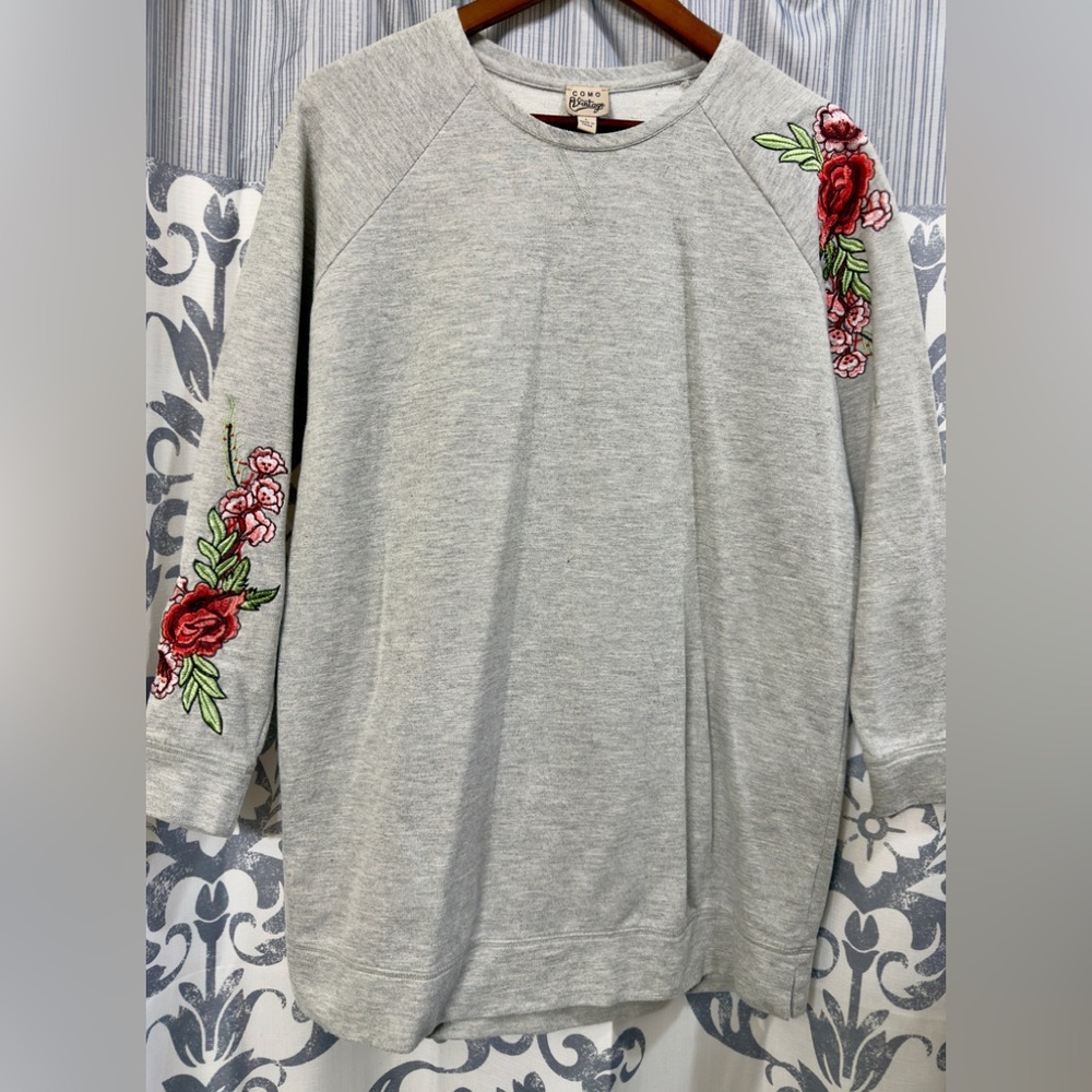 Como Vintage Women's Heather Gray Rose Embroidery Fleece Sweatshirt Sz L‎ EUC